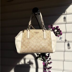 Coach Beige Signature Canvas and White Leather Shoulder Bag